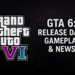 Promotional graphic for Grand Theft Auto VI showing the logo and text about release date, gameplay, and news