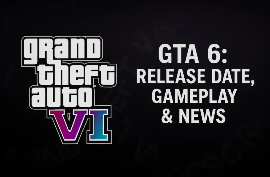 Promotional graphic for Grand Theft Auto VI showing the logo and text about release date, gameplay, and news